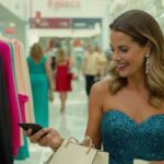 mulher comprando em loja de roupas, com celular na mão compras shopping