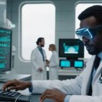 médico usando computador futurista monitor sinais vitais