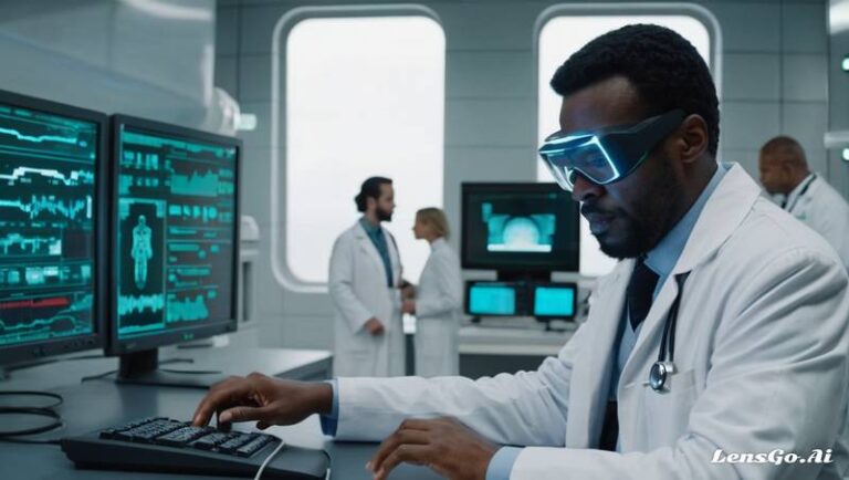 médico usando computador futurista monitor sinais vitais