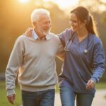 enfermeira cuidadora ajudando idoso a caminhar