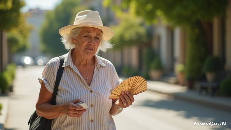 mulher idosa na rua com calor em dia quente