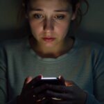 mulher preocupada triste olhando para a tela do celular com medo