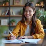 estudante estudando em casa com caderno e caneta