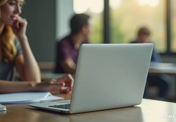 mulher estudante usando notebook