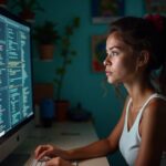 Jovem mulher programando em computador