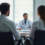 Mulher acompanhada do marido, em consulta médica