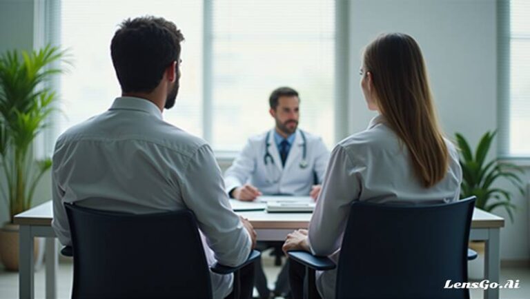 Mulher acompanhada do marido, em consulta médica