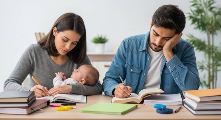 Mãe e pai tentando estudar com bebê no colo
