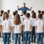 Coral de crianças alunos de costas