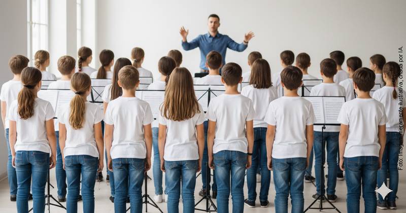 Coral de crianças alunos de costas