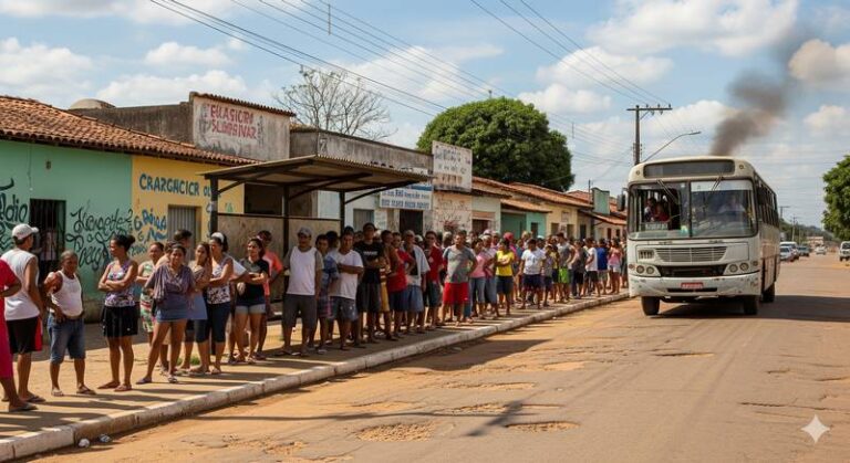 mobilidade urbana deficiente, ônibus velho e poluente com fila de passageiros