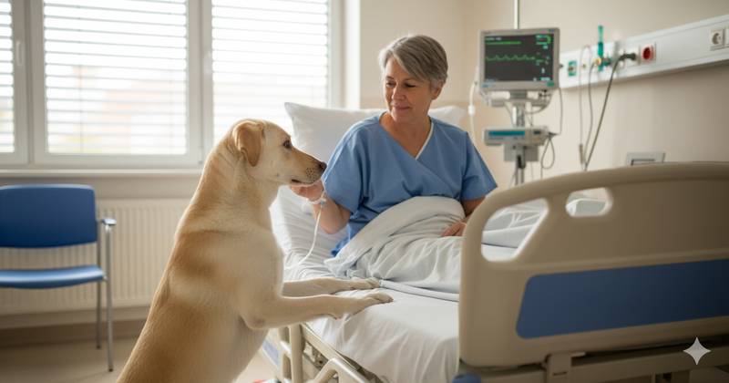 cachorro visitando sua humana no hospital