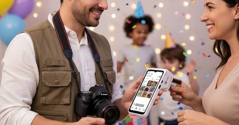fotógrafo cobrando com a maquina SumUp Smart