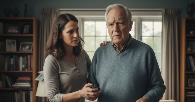 idoso confuso sendo apoiado por familiar