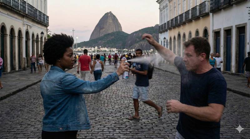 mulher usando spray de defesa pessoal