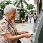 idosa sacando dinheiro em caixa eletrônico