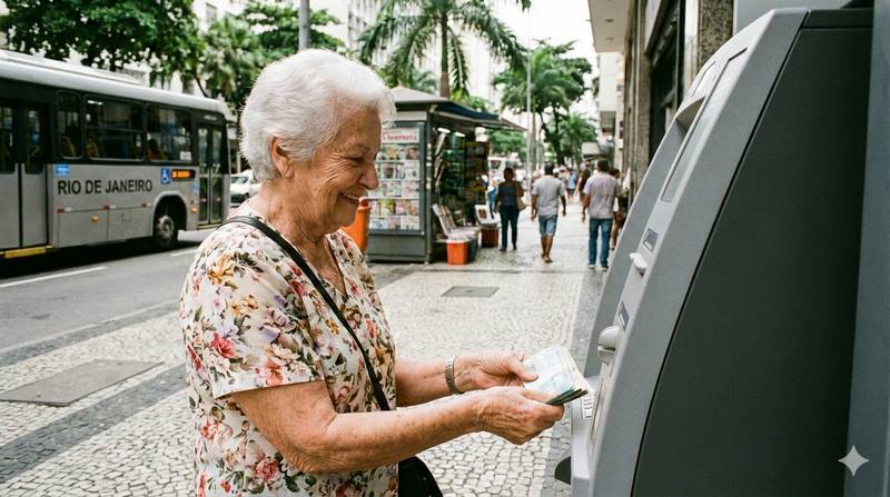 idosa sacando dinheiro em caixa eletrônico