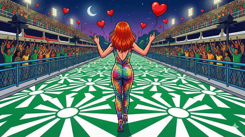 desfile na sapucaí, sobre chão verde e branco - mulher de cabelo colorido