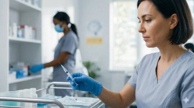 Mulher segurando uma seringa