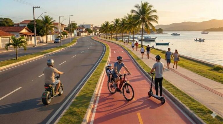 ciclomotor, bicicleta elétrica e patinete elétrico em circulação na rua e ciclovia 2