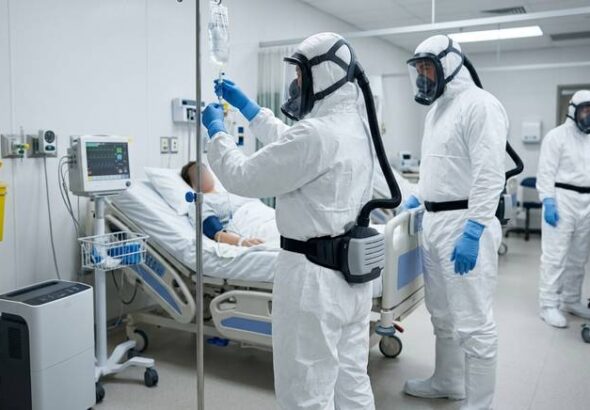 profissionais de saúde vestindo EPI em isolamento hospitalar (vírus, epidemia, surto, pandemia)