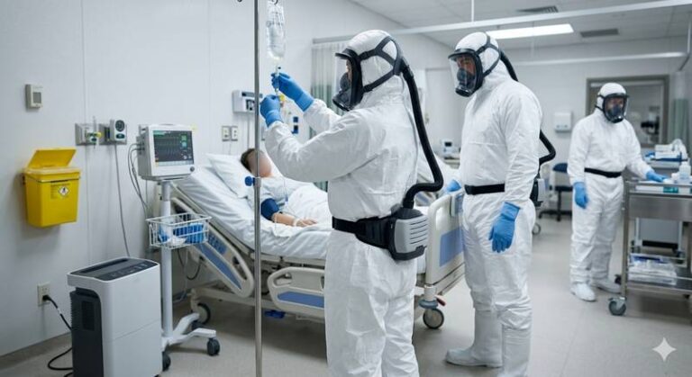 profissionais de saúde vestindo EPI em isolamento hospitalar (vírus, epidemia, surto, pandemia)